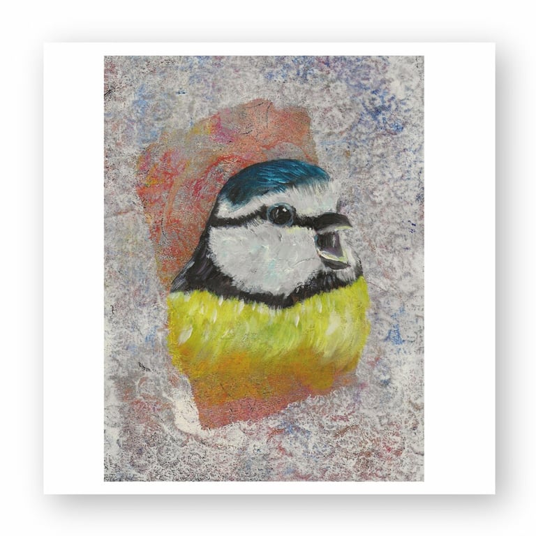 Textured oil painting of a blue tit bird with bright yellow and blue feathers on a speckled canvas.