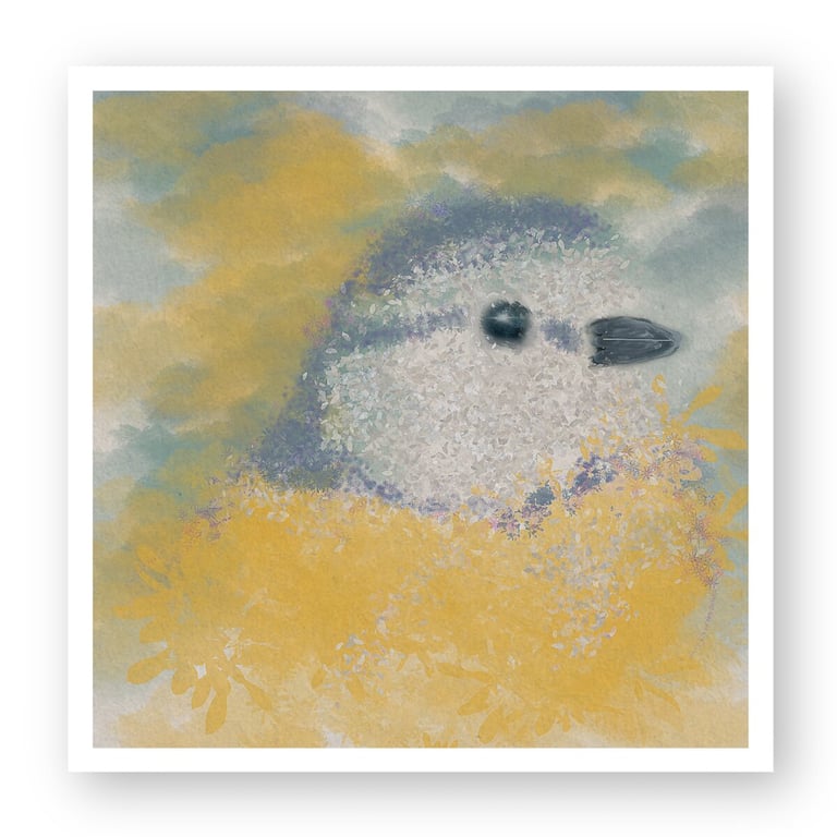 Impressionist painting of a small blue bird nestled in a yellow flower field.