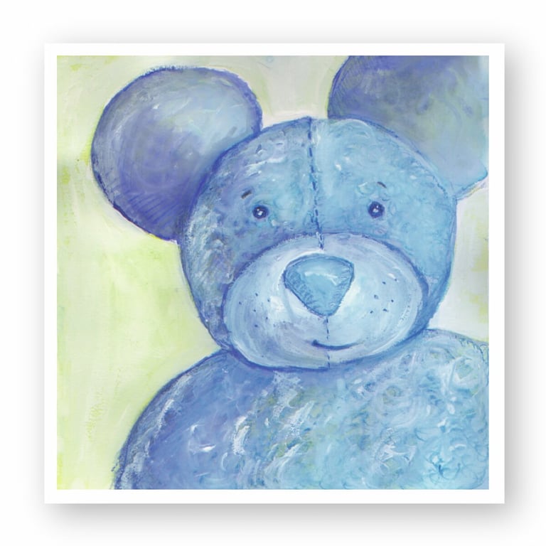 A textured blue teddy bear oil painting with large ears on a light green background, perfect for nursery wall art.