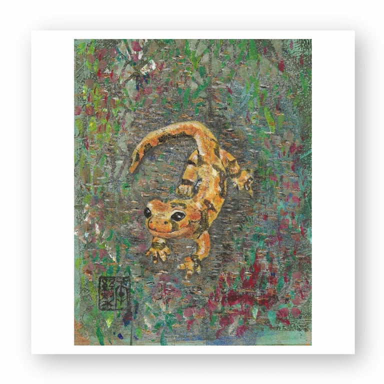 Impressionist painting of a spotted yellow salamander crawling on a textured green and purple background.