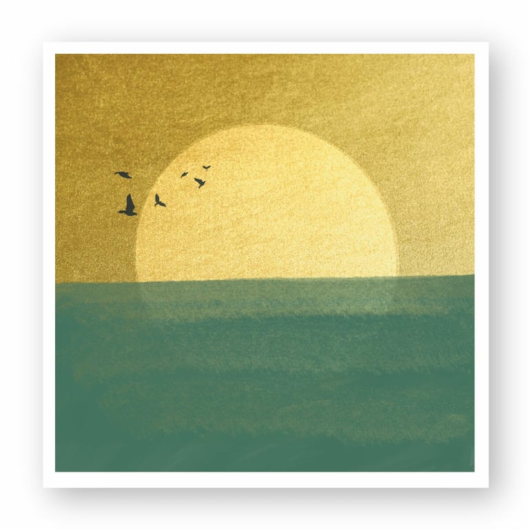 Minimalist digital painting of a golden sun setting over a green sea with birds flying.