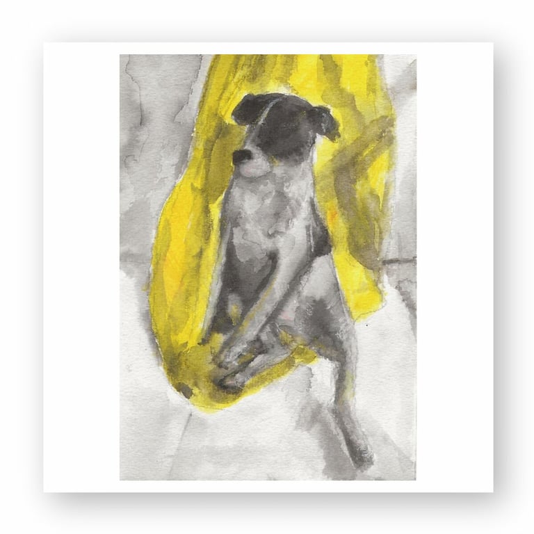 Watercolor painting of a black and white dog sitting on a bright yellow blanket.