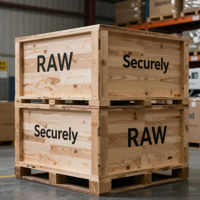 Securely packed wooden crates labeled for distribution inside a professional logistics warehouse.