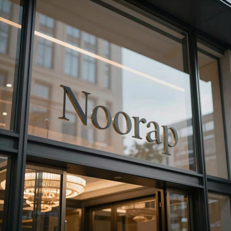 A luxury brand logo Noorap subtly engraved on the glass entrance of a sophisticated corporate headquarters.