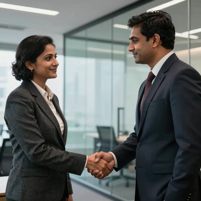 Two South Asian business professionals shaking hands in a sleek, glass-walled office in Mumbai.