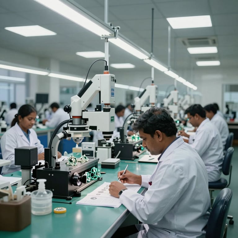 A wide shot of a clean, modern jewelry manufacturing facility in India with technicians in professional attire.