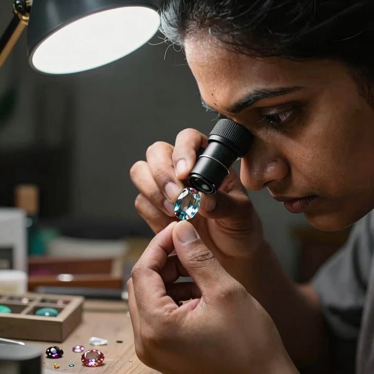 A South Asian jewelry artisan using a loupe to inspect a high-quality gemstone under bright studio lights.
