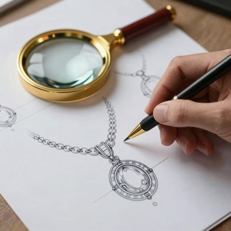 Hand-sketched jewelry design blueprints on a desk next to a muted gold magnifying glass.