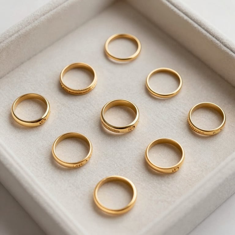 A high-angle view of various gold rings arranged in a geometric pattern on an off-white silk surface.