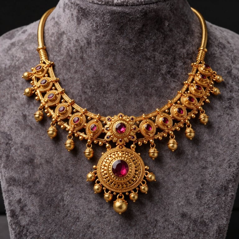 Macro photography of an intricate gold necklace featuring traditional South Asian craftsmanship on a dark grey velvet display.