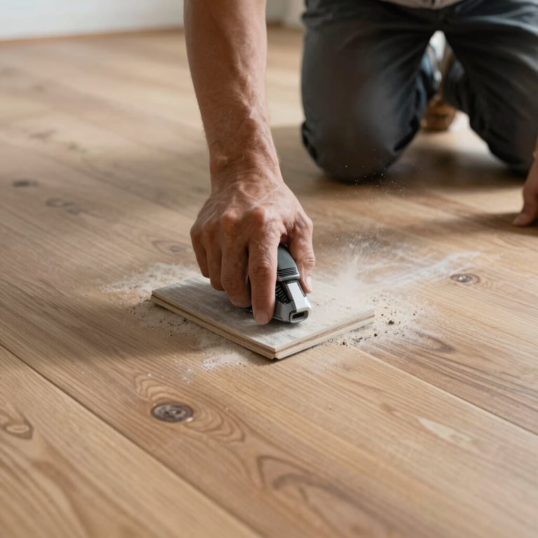 Detailed shot of construction final cleaning, removing fine dust from wooden flooring in a new office.