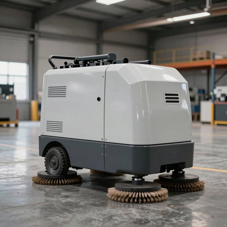 A industrial floor scrubber machine in use on a polished concrete floor of a large warehouse.