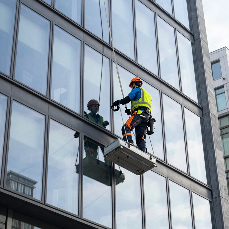 Professional window cleaning on a modern glass facade in a German city center, bright daylight.