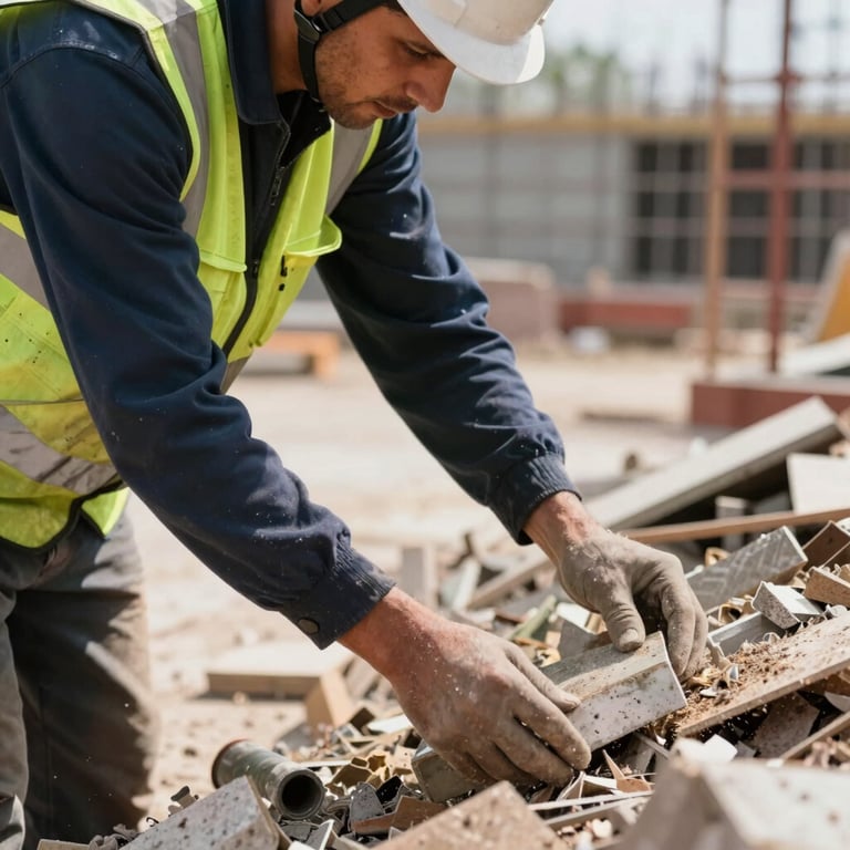Close-up of a worker in safety gear assisting at a construction site with debris management.