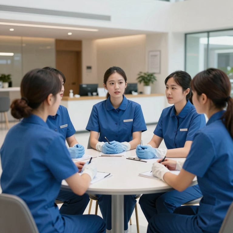 A team of cleaners in blue uniforms having a brief meeting in a clean, modern lobby.