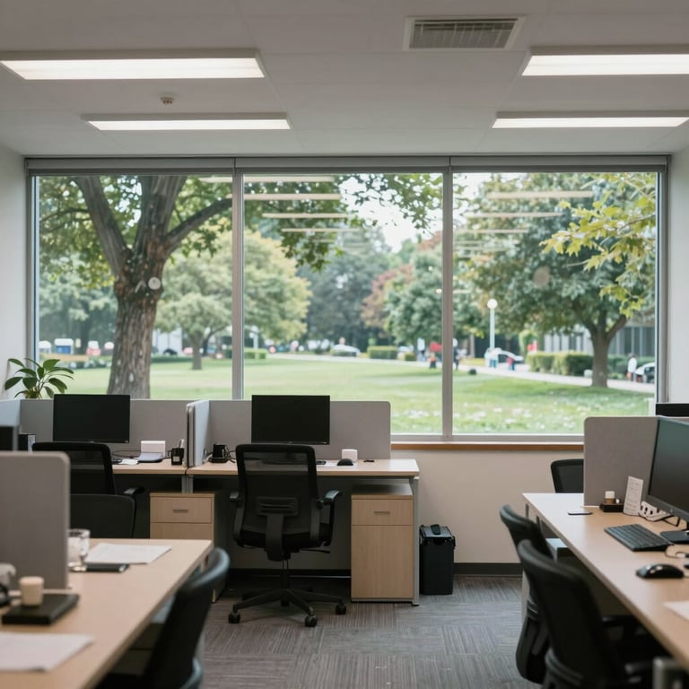 Interior view of a perfectly sanitized corporate office space with large windows overlooking a park.