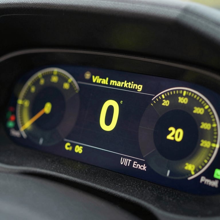 Sleek close-up of a digital dashboard showing viral marketing metrics in neon yellow.