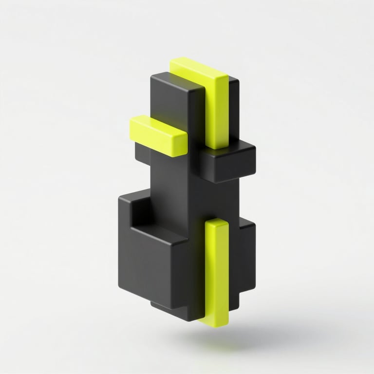 Abstract 3D render of a high-tech growth engine using black and neon yellow geometric shapes.