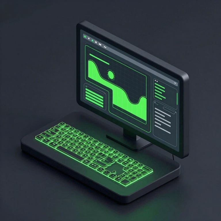 Isometric wireframe mockup of a game development terminal, glowing acidic pesto green lines on a deep charcoal screen, clean vector UI elements, high-tech minimalist aesthetic.