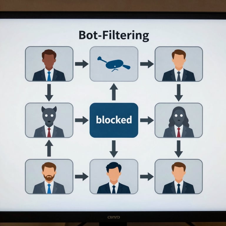 Clean vector diagram of the bot-filtering pipeline showing incoming traffic split into blocked bots and clean human traffic, styled like a terminal interface