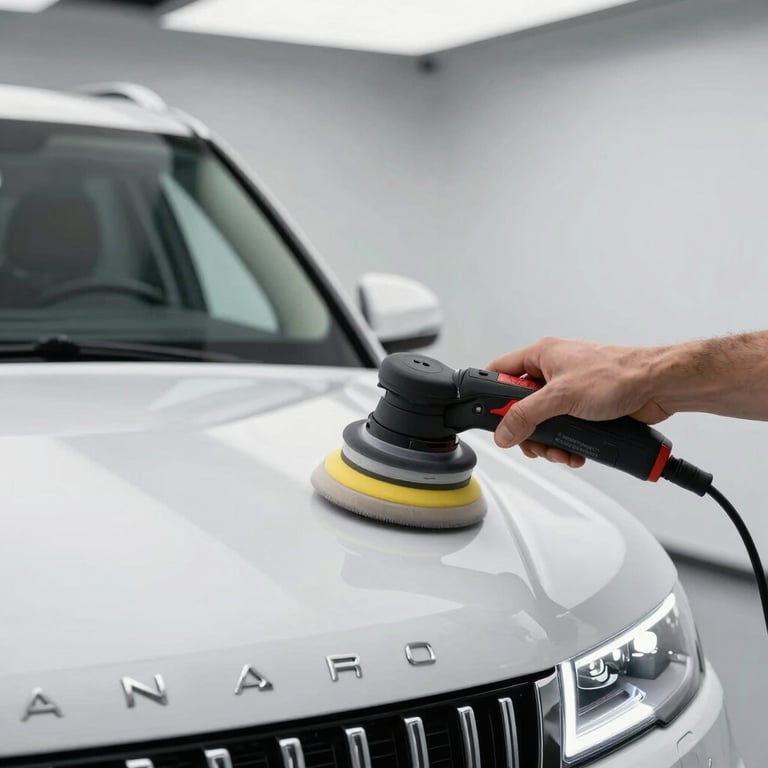 Action shot of a detailer using a polisher on a luxury SUV in a bright, clean workshop.