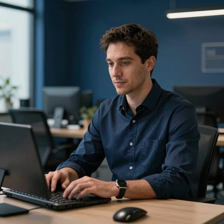 A professional North American / Canadian marketing specialist working in a modern office with Dark Midnight Blue accents.