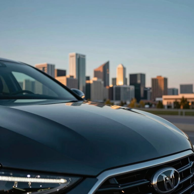 A close-up shot of a polished car hood reflecting the Calgary skyline under a Dust Blue sky.