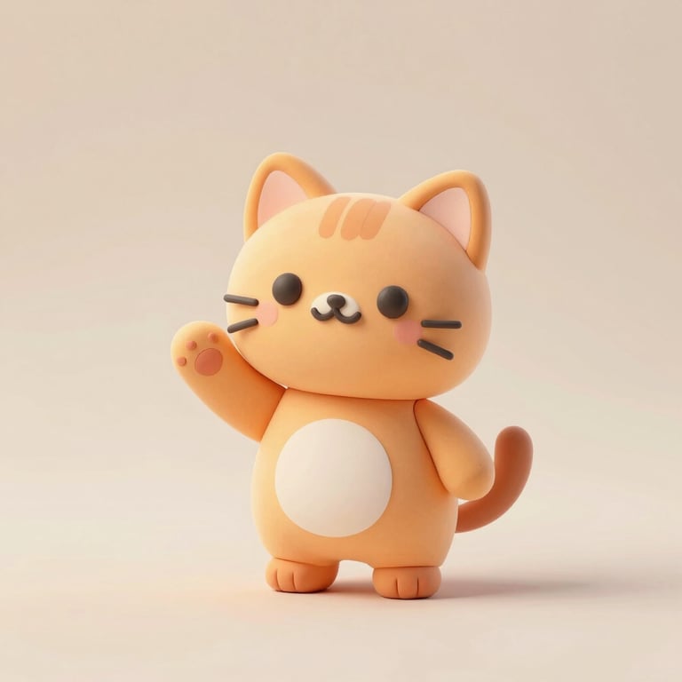 Cute 3D clay illustration of a pastel orange cat waving hello, soft warm studio lighting, clean minimalist background