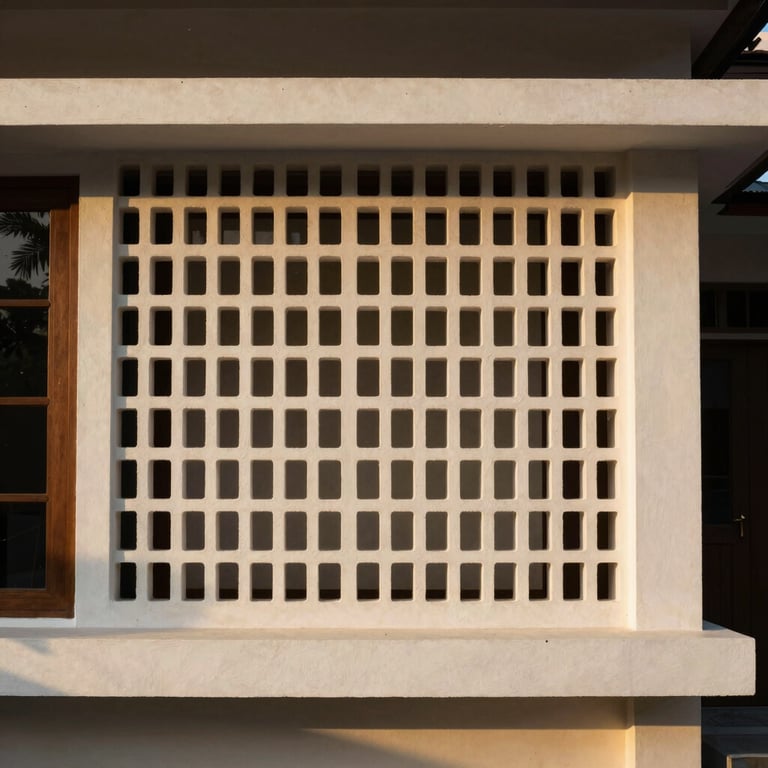 Modern Indonesian house facade featuring a decorative roster wall, soft golden hour sunlight, minimalist architecture.