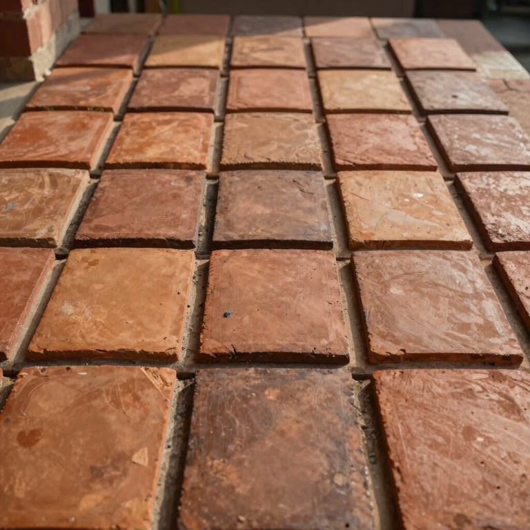 Traditional red clay roster tiles arranged neatly in a courtyard, warm brown and muted tan colors, natural Southeast Asian lighting.