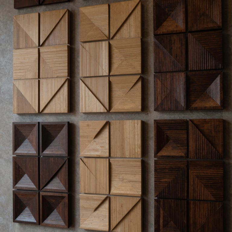 A collection of geometric wall panels used as decorative accents in a modern lobby, muted tan and dark brown colors, Southeast Asian setting.