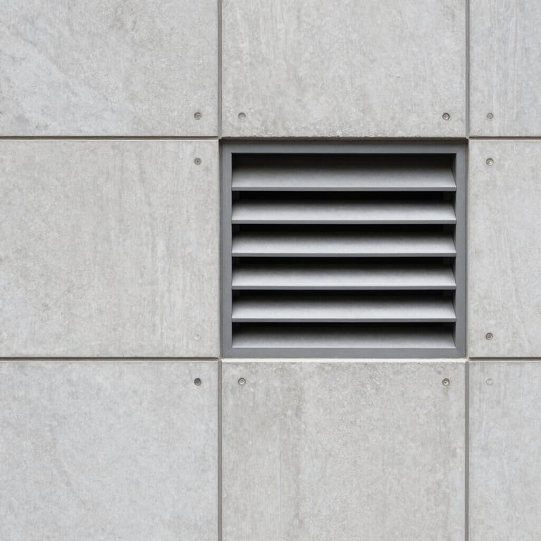 Modern gray cement roster panels for wall ventilation, light gray texture with clean lines, industrial minimalist style.