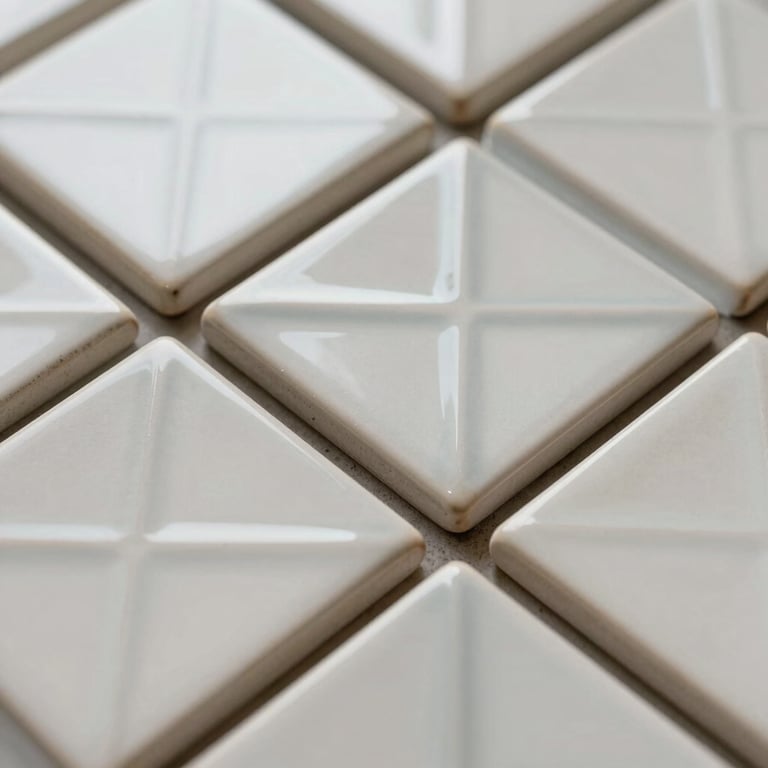 Close-up of polished ceramic roster tiles with geometric motifs, off-white and light gray finish, sharp focus.