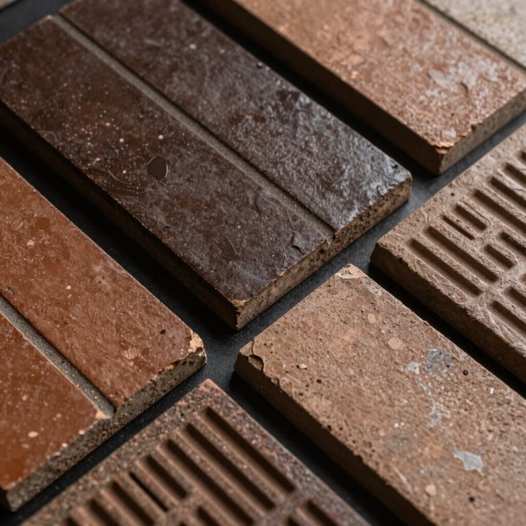 High-quality building material samples including decorative bricks, organized in a deep dark brown and warm brown palette.