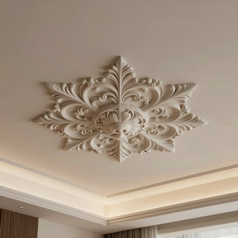Elegant ceiling ornament panels in a minimalist home, soft overhead lighting, warm brown and off-white accents.
