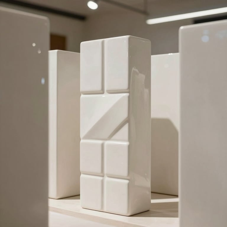 Minimalist white ceramic roster blocks with geometric patterns in a sunlit Indonesian showroom, clean off-white tones, professional architectural photography.