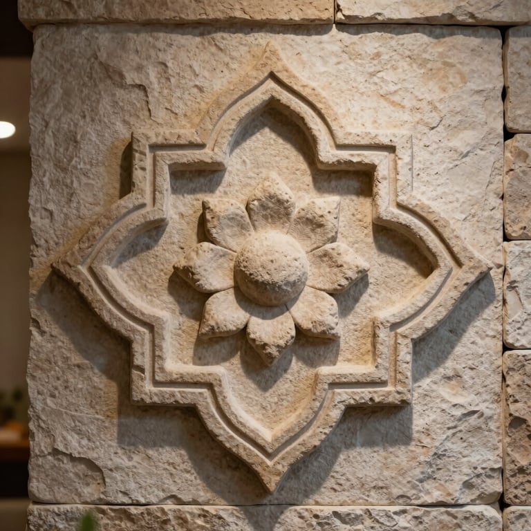 Detailed close-up of a decorative stone wall ornament, muted tan and off-white colors, contemporary Southeast Asian interior design.
