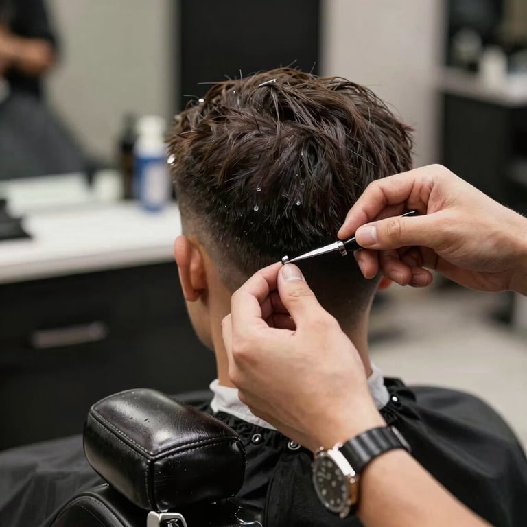 Close-up of a man in a high-end grooming chair at a luxury barbershop, focused on precise detailing.