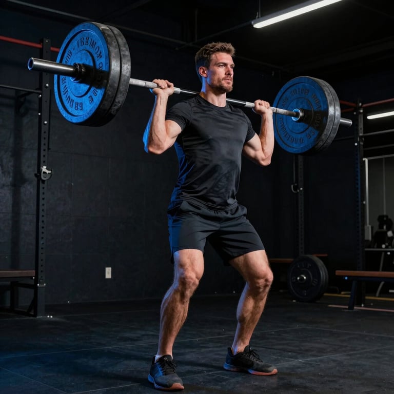 A powerful shot of a man lifting heavy iron weights in a dark, minimalist industrial gym. Electric blue lighting highlights his form. North American setting.