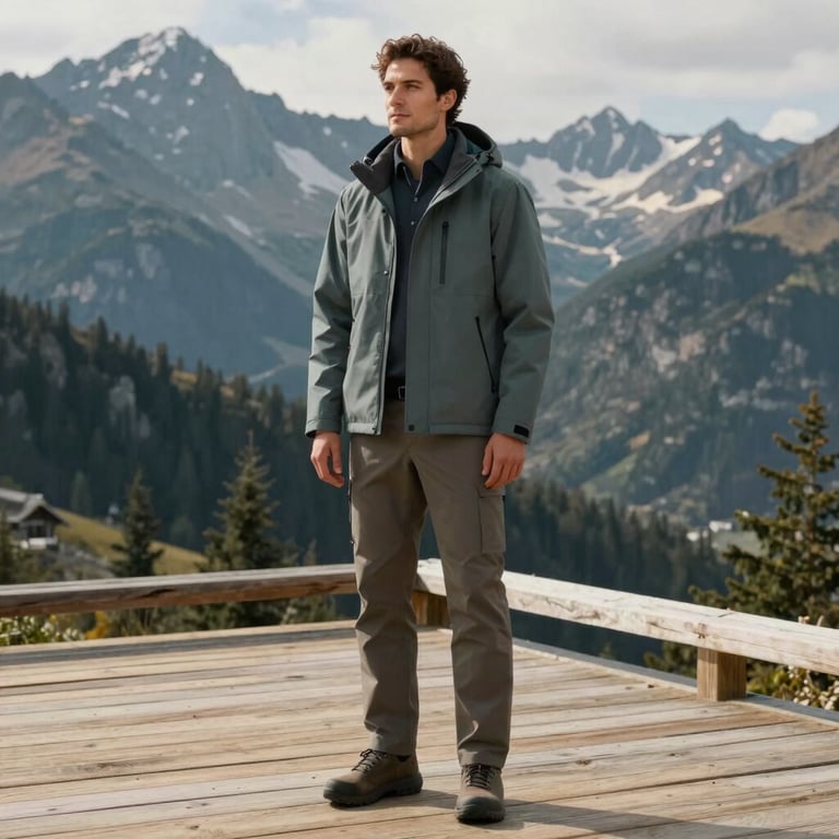 Man standing on a wooden deck in the North American mountains, wearing premium lifestyle and travel apparel.