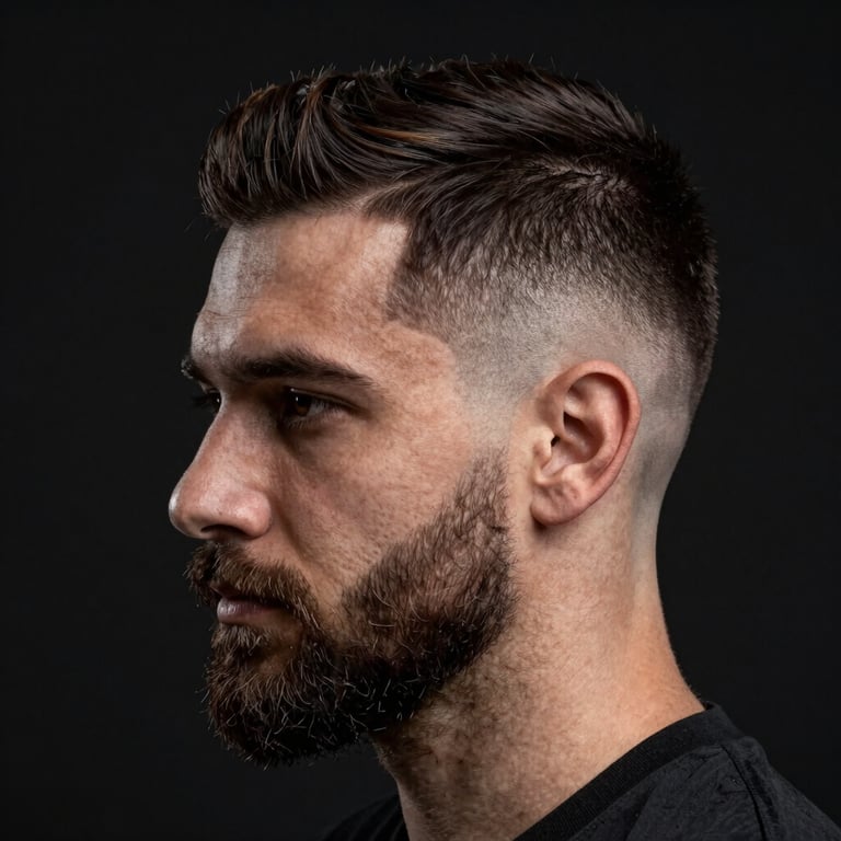 Close-up of a man's well-maintained beard and sharp fade haircut, studio lighting on a dark black background.