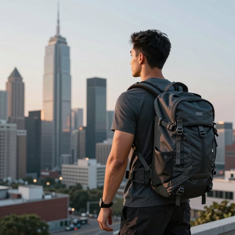A fit man with a travel backpack looking out over a modern North American city skyline at dusk.