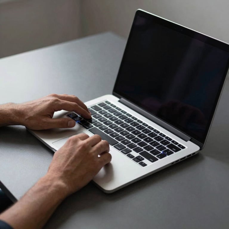 A minimalist workspace with a high-end laptop on a charcoal desk, a man's hands visible. Sharp, masculine aesthetic with electric blue keyboard backlight in a North American setting.