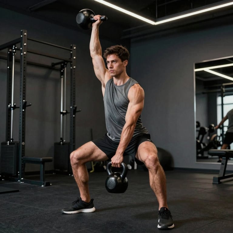 Man performing a kettlebell swing in a charcoal-themed fitness studio with modern lighting.