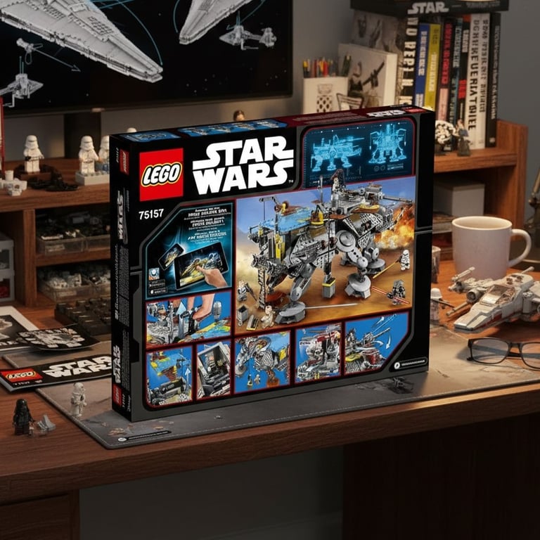 Boîte LEGO Star Wars 75157 (Captain Rex's AT-TE) posée sur un bureau de collectionneur entourée de figurines