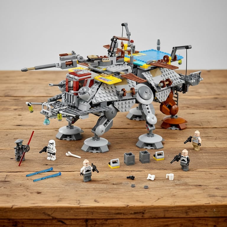 Le set LEGO Star Wars 75157 (Captain Rex's AT-TE) et ses figurines disposés sur une table en bois brut