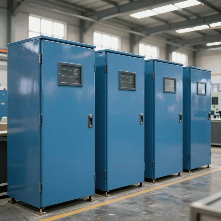 Row of newly manufactured steel blue electrical panels standing in a bright, modern Turkish / Anatolian factory hall.