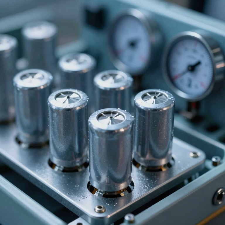 Close-up of high-quality electrical capacitors and measuring devices inside a panel, steel blue lighting.