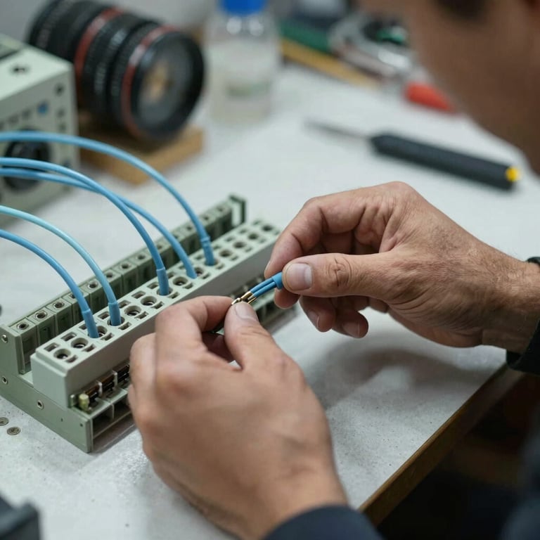 A technician's hands in a Turkish / Anatolian workshop carefully connecting light blue wires to a terminal block.