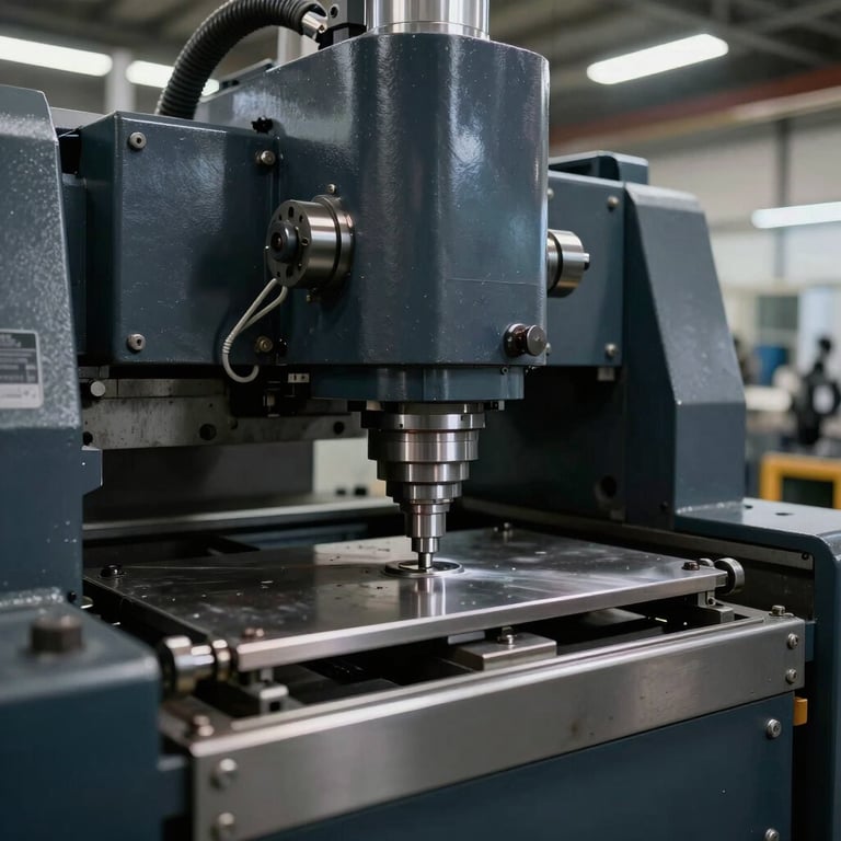 Precision metal cutting machinery in a modern factory setting, industrial dark navy and grey tones.